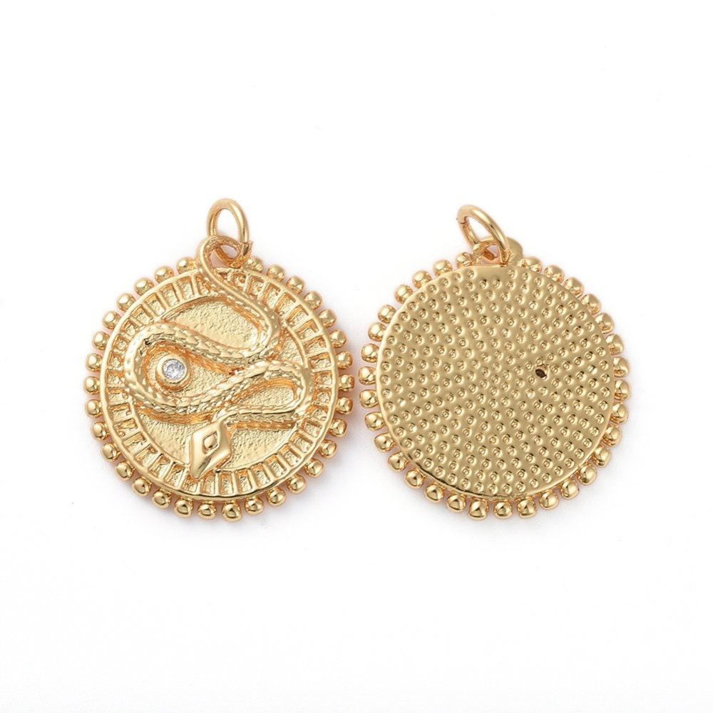 Pendentif médaille serpent laiton doré 18k cristal 18.5mm, pendentif animal zircon, x1 (G4279)