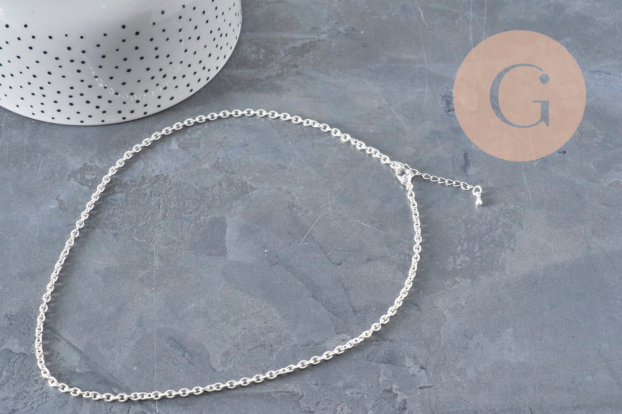 Stainless steel curb chain necklace, silver-plated, 4mm/45.5cm + extension, x1 (G11202)