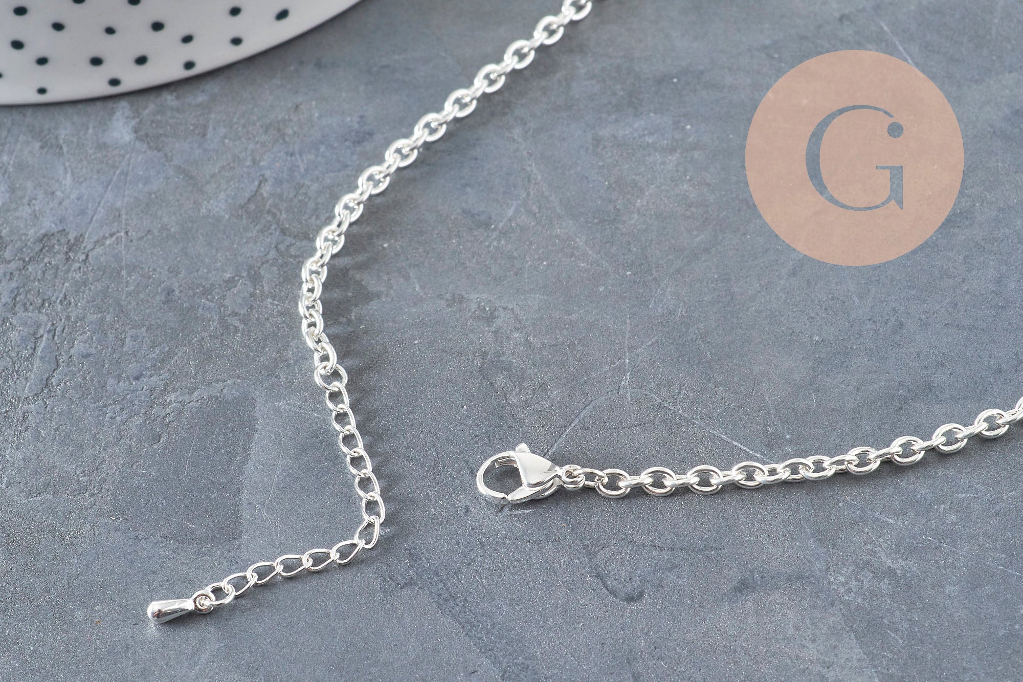 Stainless steel curb chain necklace, silver-plated, 4mm/45.5cm + extension, x1 (G11202)