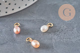 Pink peach natural freshwater pearl drop charm brass 11mm, x1 (G11275)
