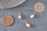 Pink peach natural freshwater pearl drop charm brass 11mm, x1 (G11275)