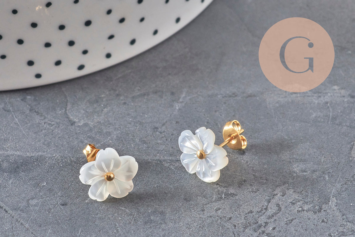 Boucles puce fleur nacre naturelle acier inoxydable doré PVD, x1 (G11305) VALIDE-Boucles d'oreilles-Gingerlily Perles