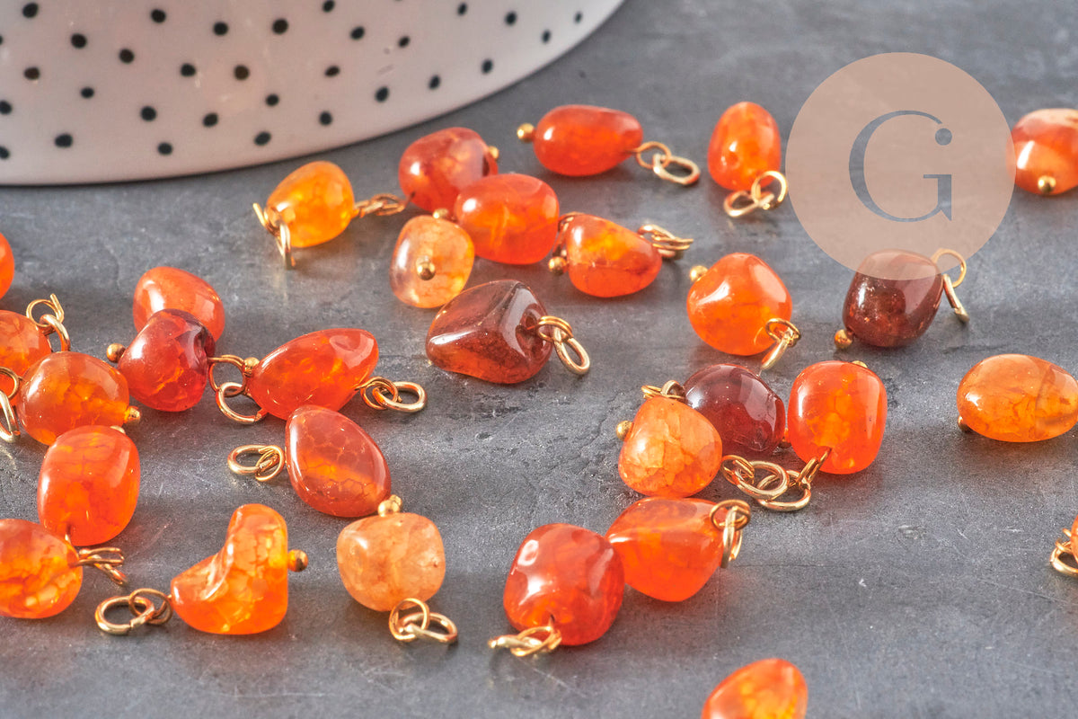 Breloque cube agate naturelle orange métal doré 18K 14.5mm, x1 (G11329)