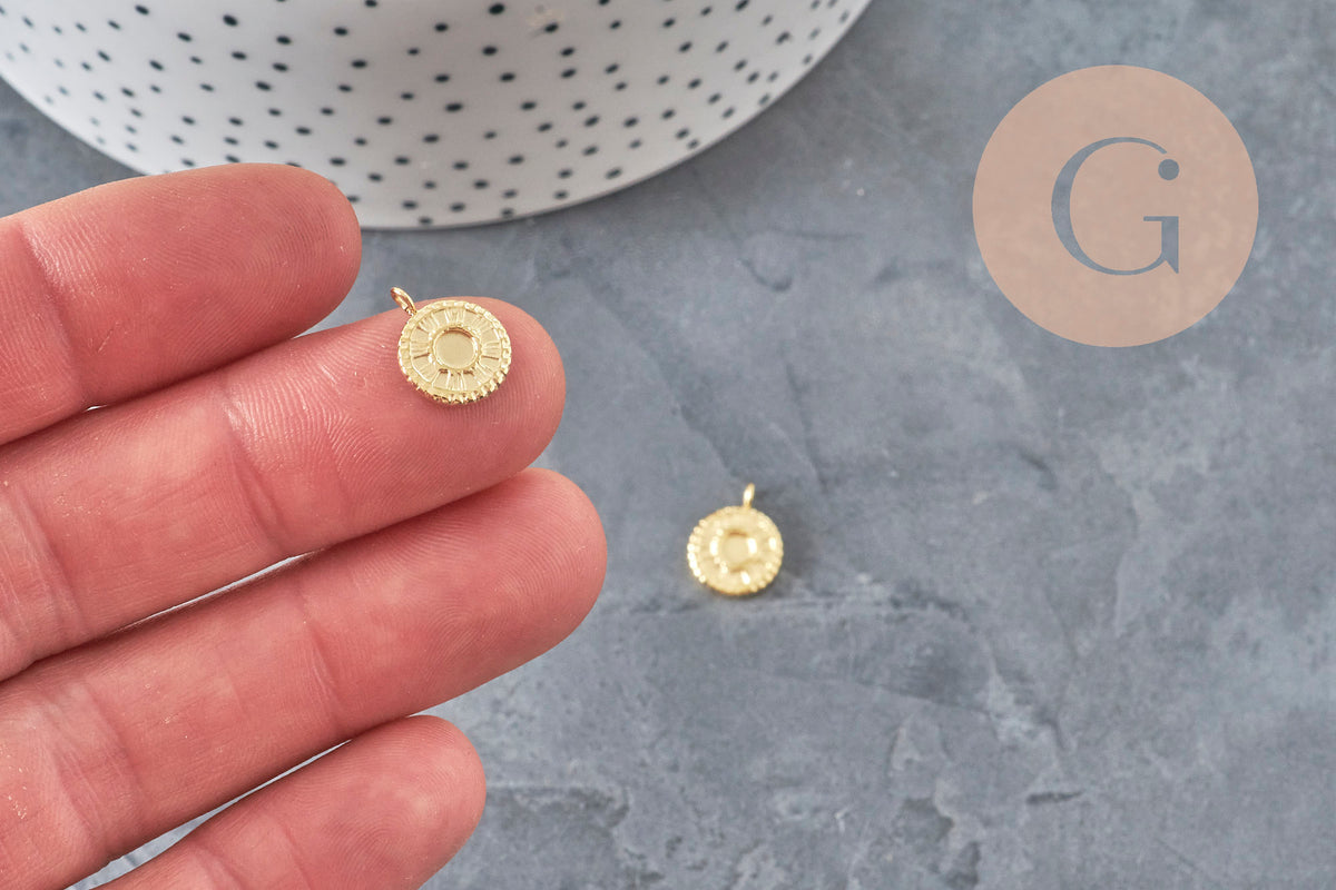 Round sun pendant 304 stainless steel 14K IP gold-plated 12.5mm, x1 (G8774)