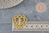 Pendentif coeur croix dentelé zamac doré 31mm, x1 (G11356)