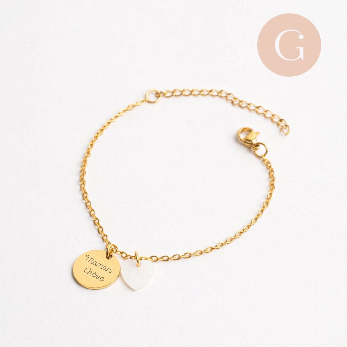 Bracelet personnalisé médaille à graver + coeur nacre chaîne acier inoxydable 304 , x1 (ADN6) (G11100)