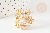Bague réglable laiton feuille laurier zircons 17mm, x1 (G4253)