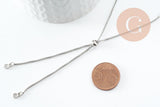 Base de bracelet réglable chaine rolo acier inoxydable platine finition zircon 1.2mm/ 26.6cm, x1 (G9493)