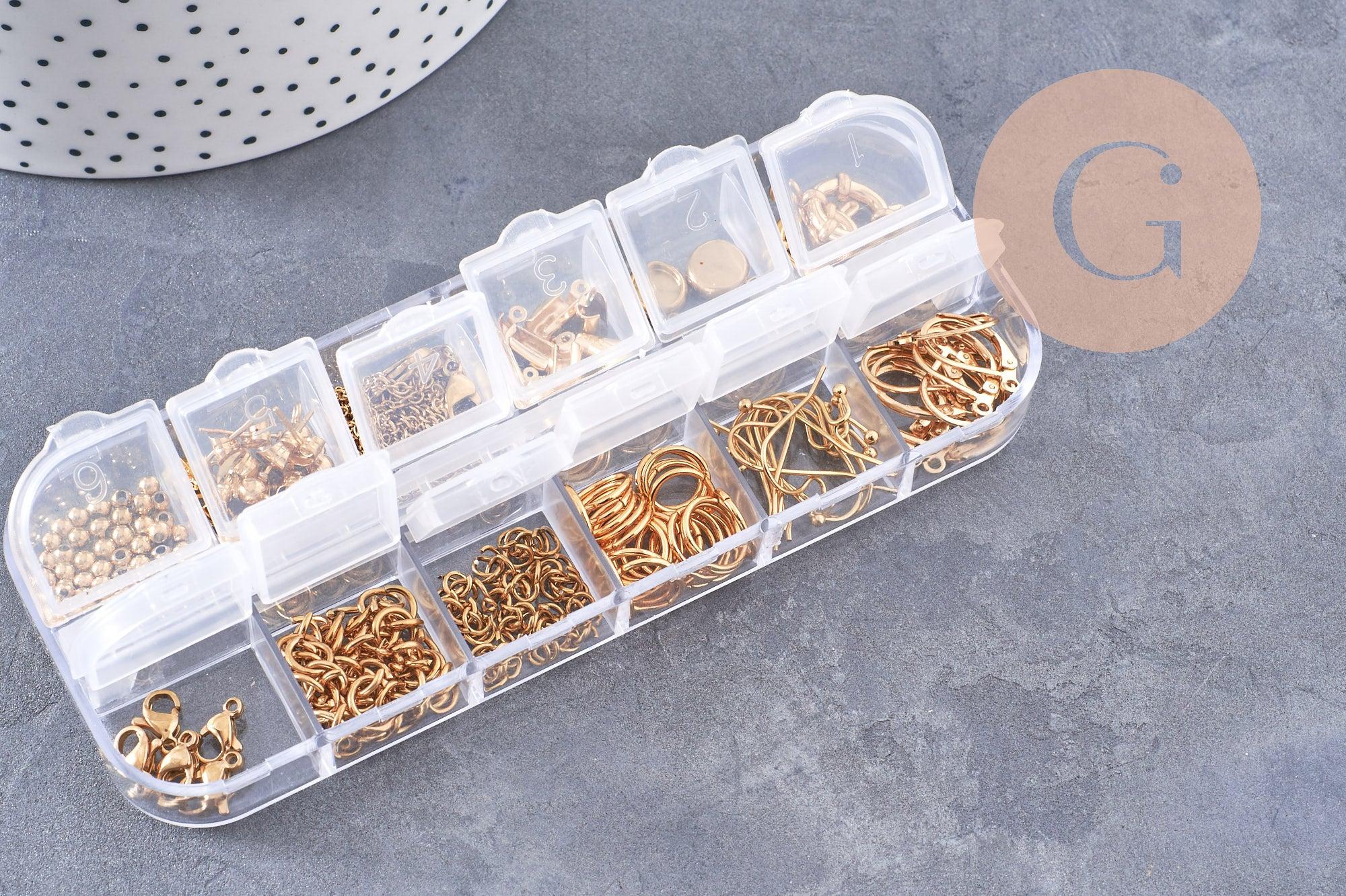 Boite Kit mix de 12 types de fournitures pour bijoux en acier inoxdable doré ou platine, x1 (G10142/G10143)