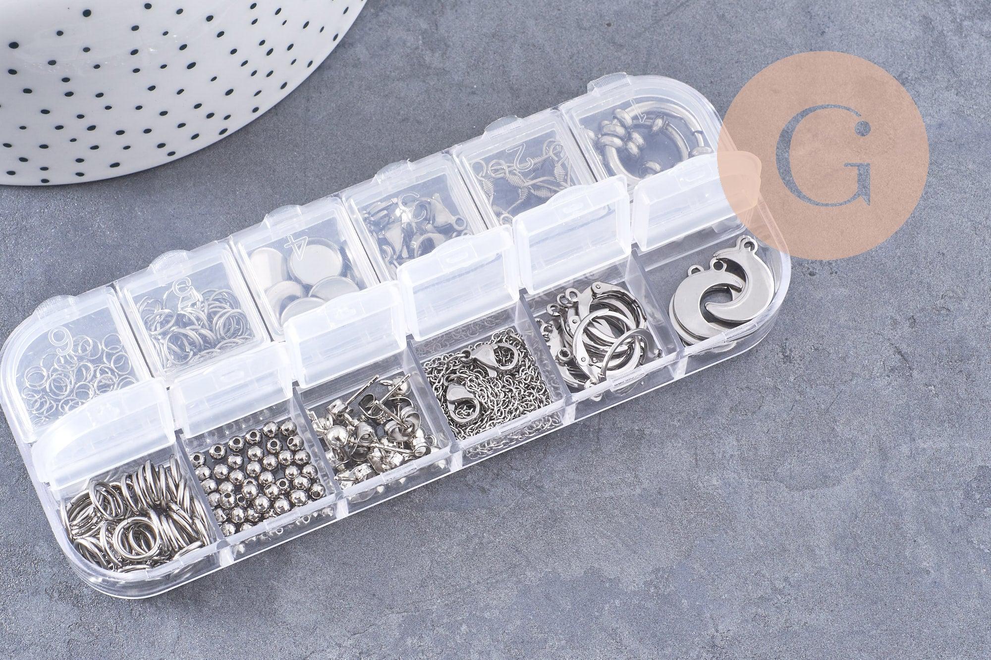 Boite Kit mix de 12 types de fournitures pour bijoux en acier inoxdable doré ou platine, x1 (G10142/G10143)