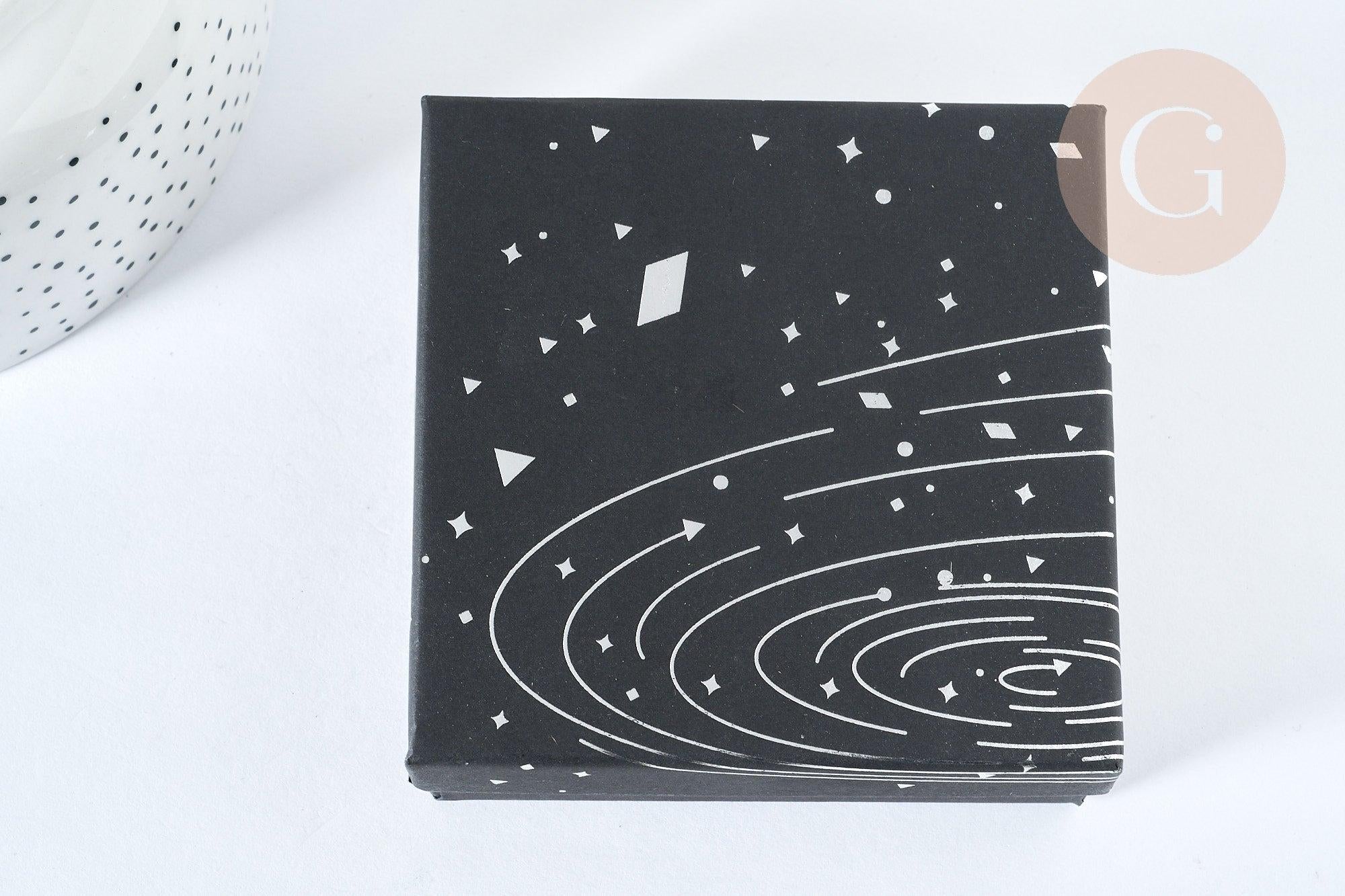Boite carrée cadeau carton noir galaxie argent 9cm, x1 (G7216)