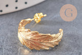 Boucles créoles feuille laiton doré 18k 24mm, la paire (G0916)