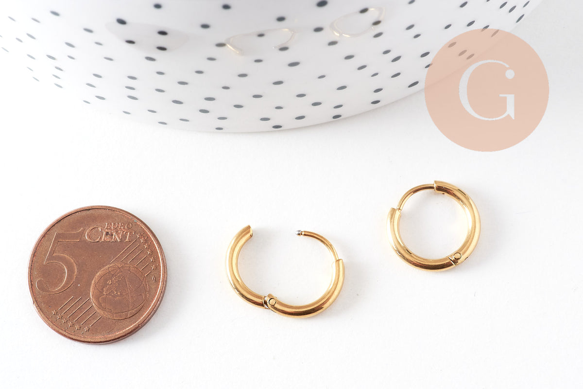 Boucles créoles minimalistes acier 304 inoxydable doré IP 18K 14mm, la paire (G3467)