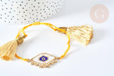 Bracelet Réglable losange mauvais œil jaune et or 28cm cordon nylon perles rocailles tissées, x1 (G7680)