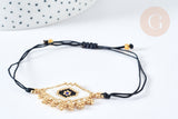 Bracelet Réglable losange mauvais œil noir et or 28cm cordon nylon perles rocailles tissées , bijou chance à offrir, bracelet amitié, x1 (G7678)