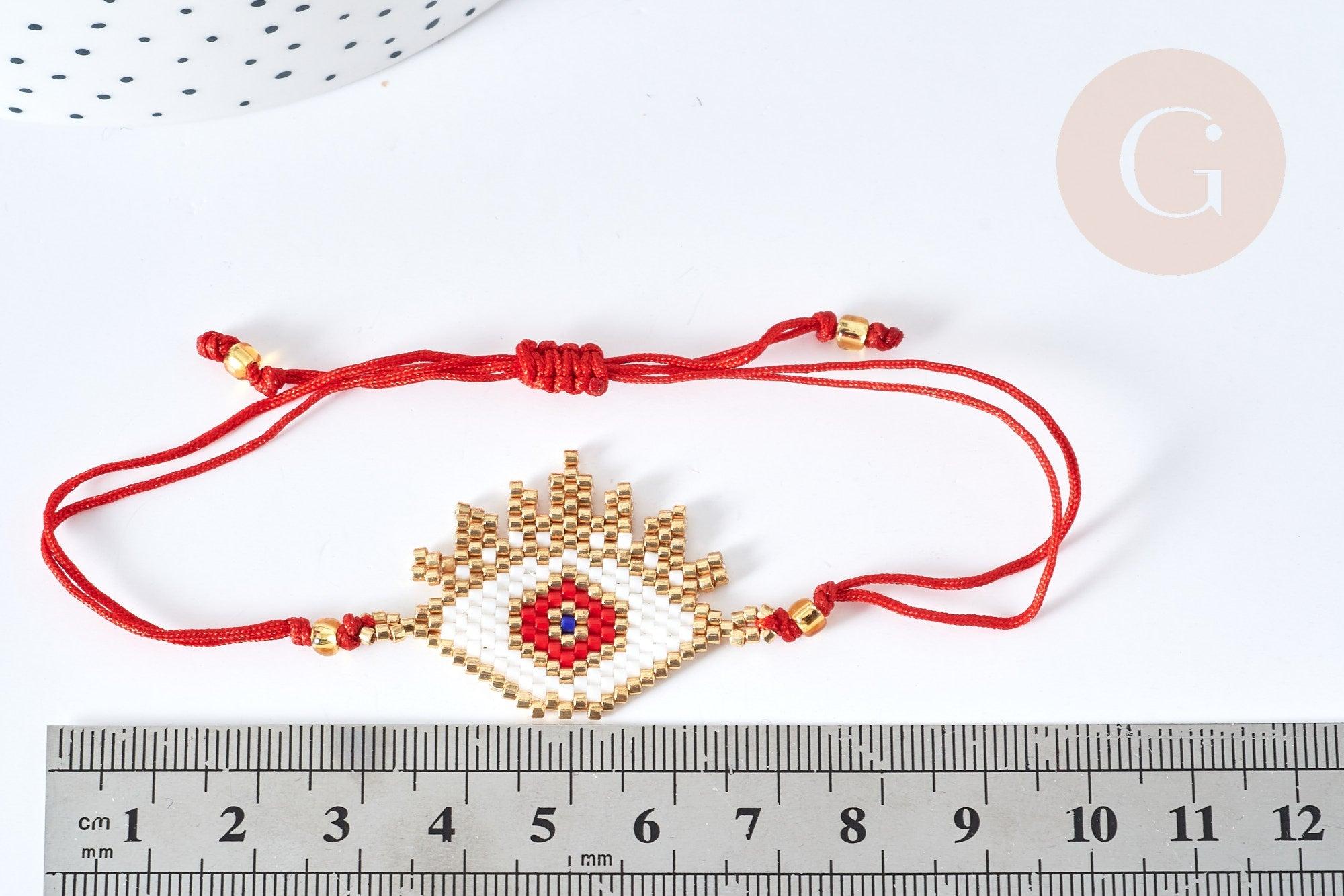 Bracelet Réglable losange mauvais œil rouge or 28cm cordon nylon perles rocailles tissées , bijou chance à offrir, bracelet amitié, x1 (G7677)