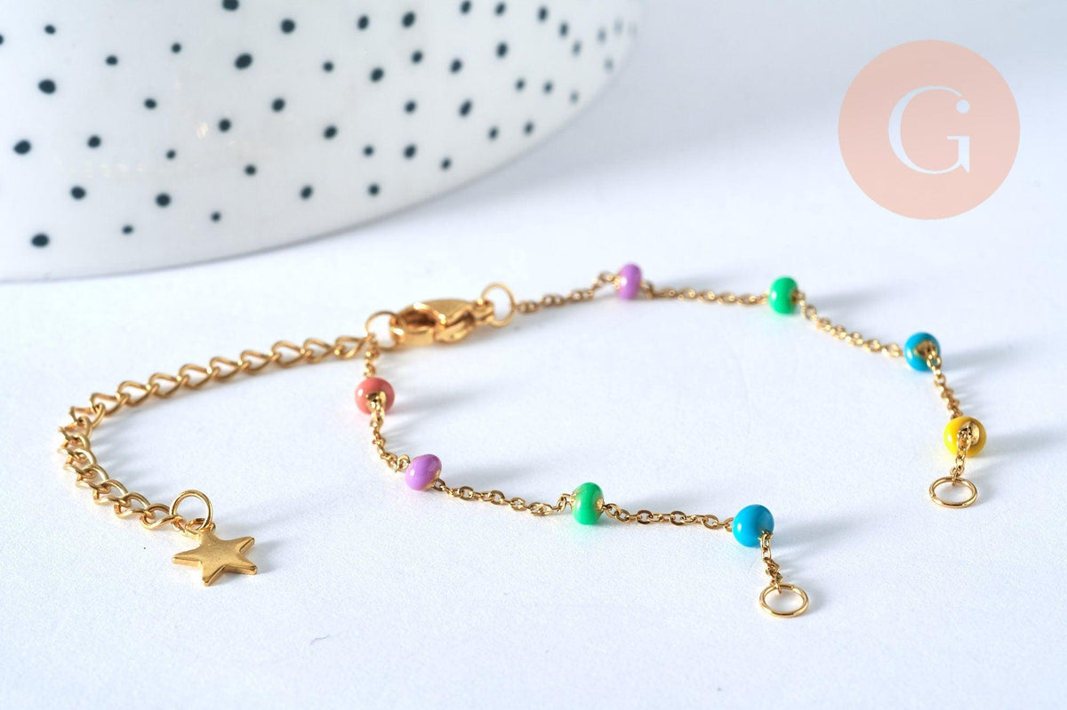 EP -Bracelet fin résine multicolore acier doré 14k avec anneaux 16mm, création bracelet acier doré inoxydable sans nickel, x1 G6805