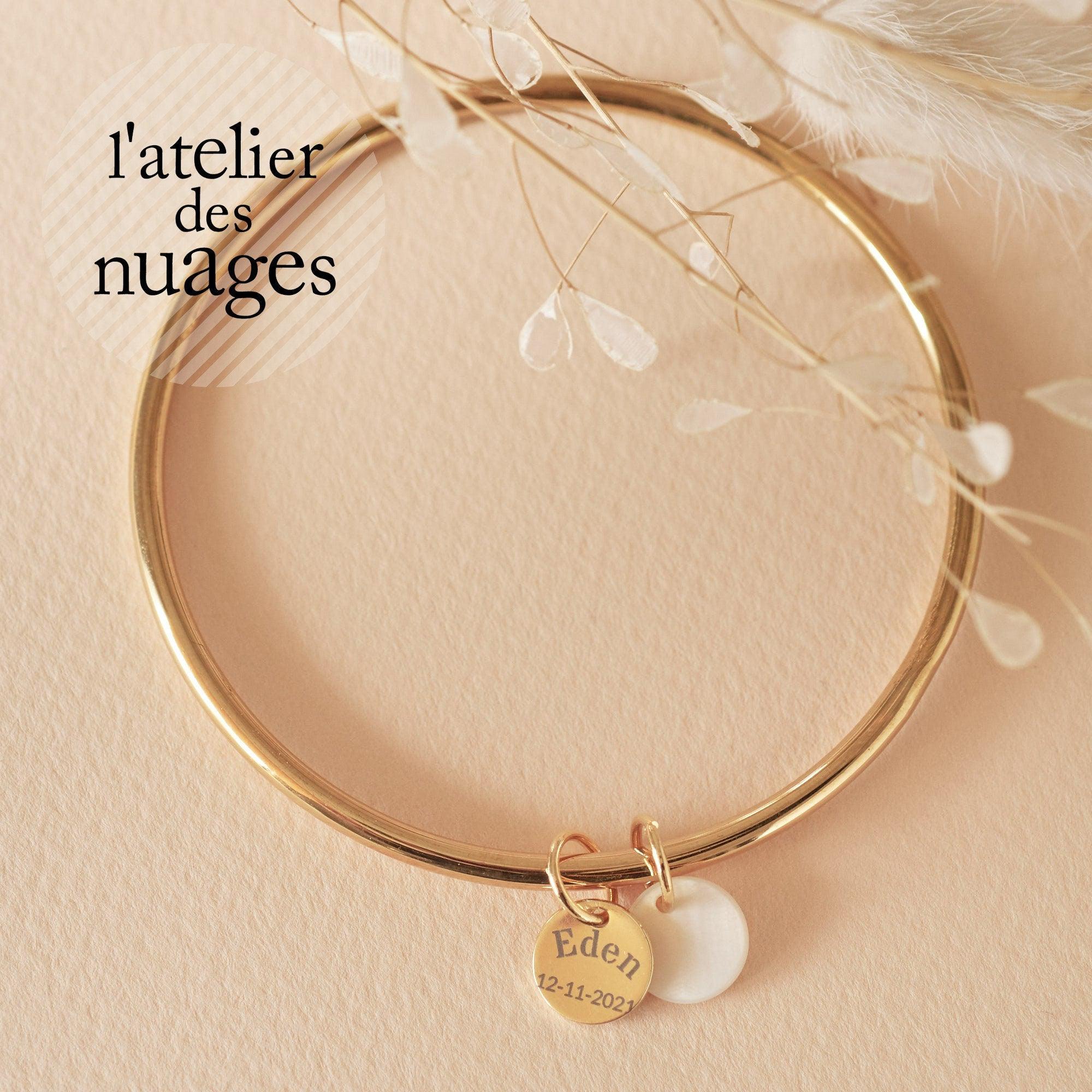 Bracelet jonc à personnaliser Acier Inoxydable 304 avec Médaille & nacre, x1 (ADN2)