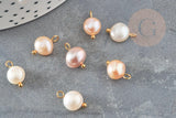 Breloque Perle d'eau douce naturelle rose pêche laiton doré 10-12mm, x1 (G9327)