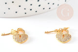 Breloque cadenas coeur laiton doré 18k cristal 17mm, x1 (G2729)
