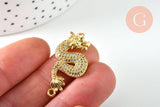 Breloque dragon laiton doré 18k cristal 33mm, x1 (G9158)