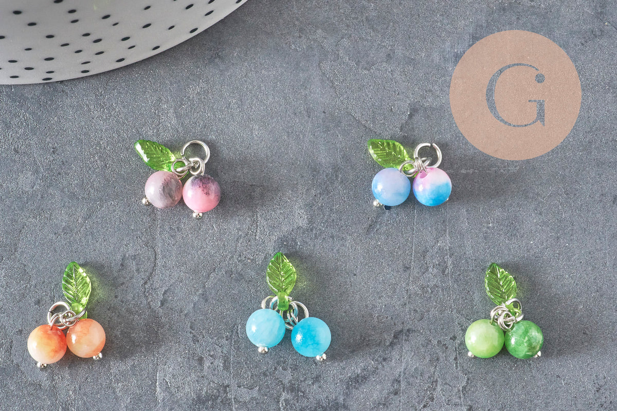 Breloque fruit cerise jade persan naturel teinté acier inoxydable platine 14mm, x1 (G11379)-Breloques et pendentifs-Gingerlily Perles