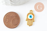 Breloque main fatma oeil laiton doré 18k 20.5mm,pendentif mystique chance pour création bijoux,x1 (G3511)
