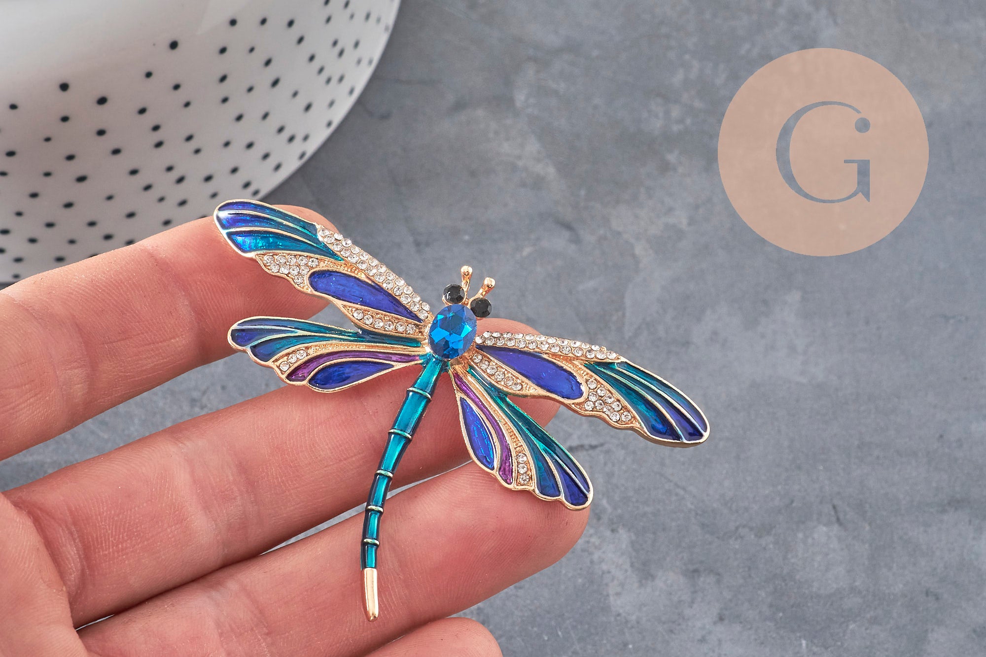 Broche pin Libélula insecto alado zamac dorado azul 74x50mm, x1 VÁLIDO