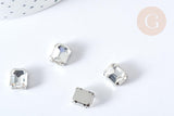 Cabochon rectangle cristal transparent avec serti en laiton argenté 8x10mm, x5 (G8110)