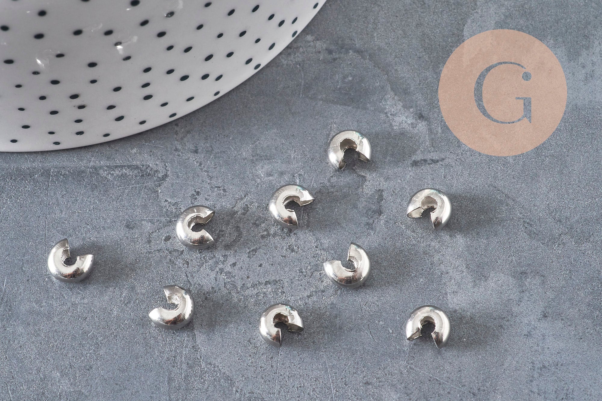 Crimp bead covers, 304 stainless steel, platinum, 8x7mm, x20 (G11177)