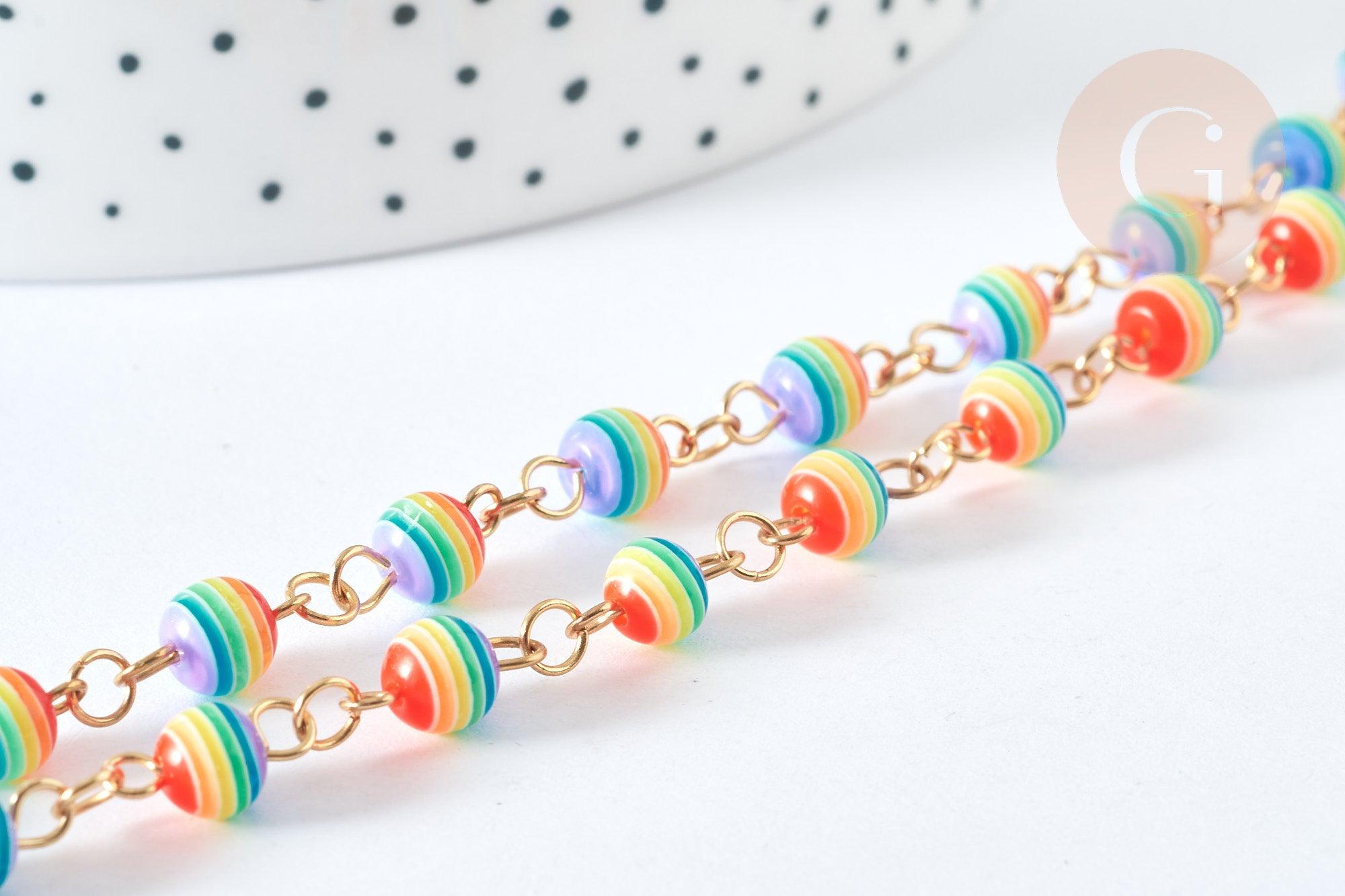 Chaine acier 304 inoxydable doré perles rondes plastique multicolore 6mm, x1 mètre (G7185)