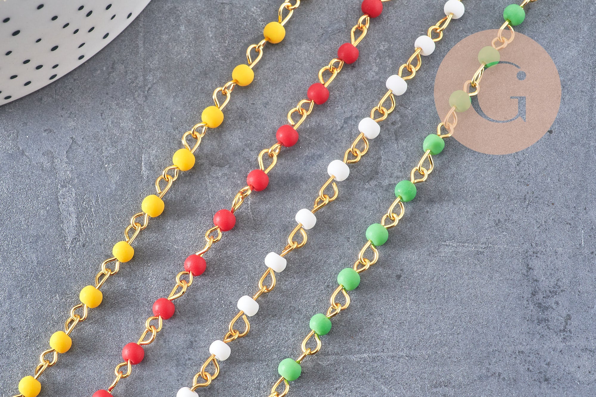 Chaine perle verre coloré fer doré 4 m, création de bijoux coloré DIY, x1 mètre (G7219)