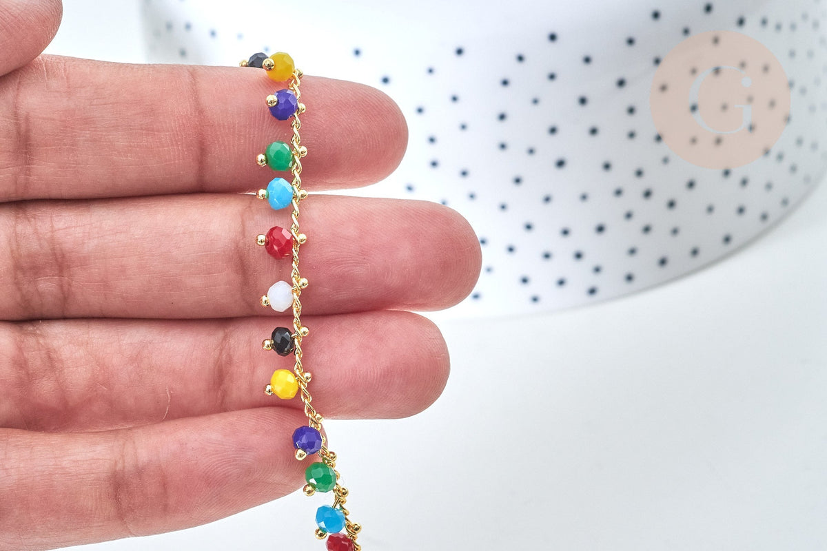 Chaine perle verre facettée abacus coloré laiton doré 7x4mm, création de bijoux coloré DIY, x1 mètre (G7817)