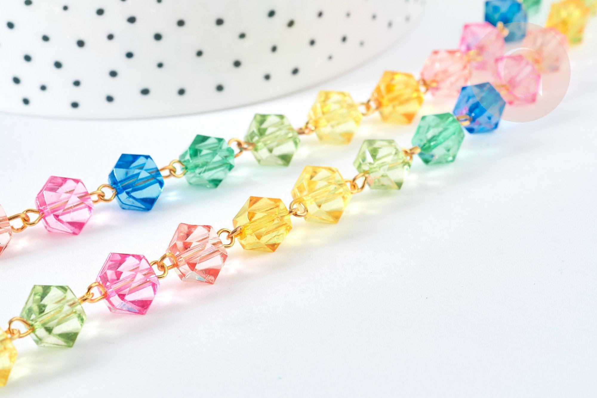 Chaine perles acrylique fer doré géométrique facettée couleur mixte 15mm, perle acrylique ,perle géométrique 15mm x1 mètre (G7215)