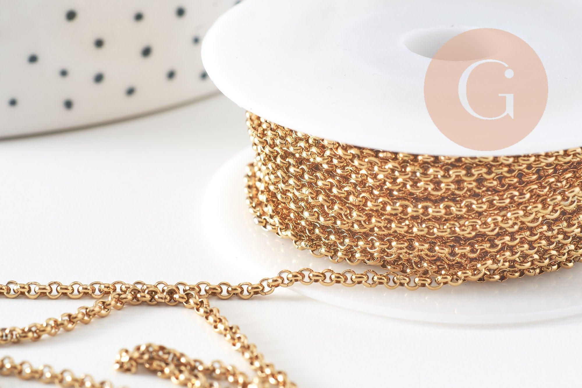 Chaine rolo acier inoxydable 304 doré IP 18k maille rolo 2mm, x1mètre (G2057)