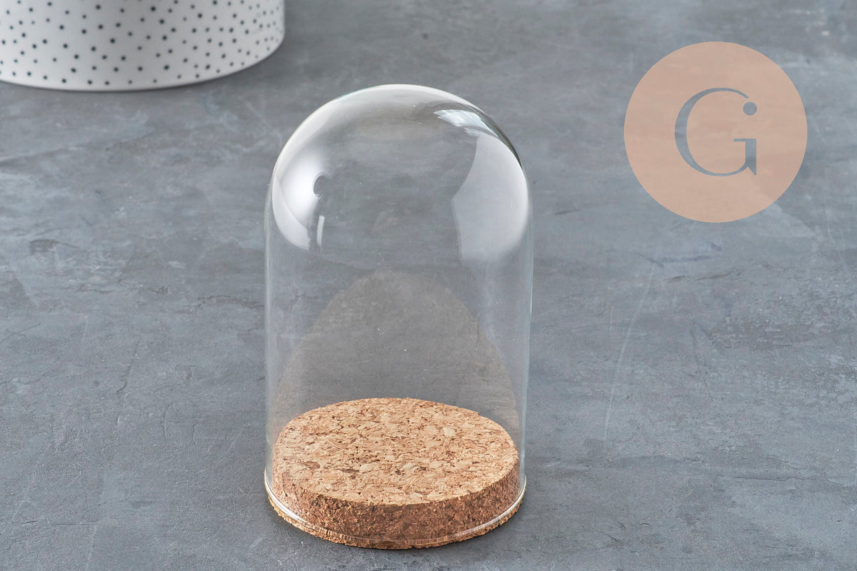Cloche en verre et support en liège 10cm, x1 (G11392) VALIDE-Boite de rangement-Gingerlily Perles