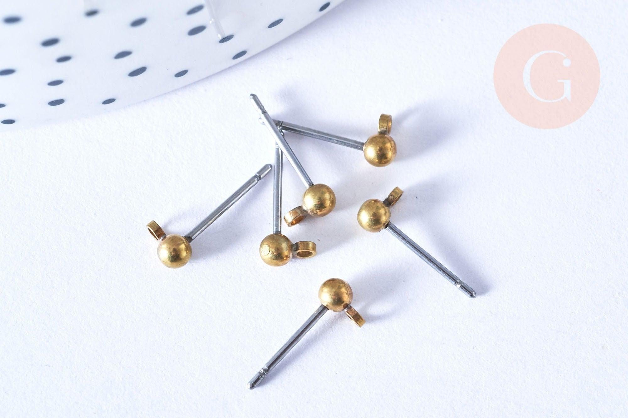 Clous-puces boule boucles oreille laiton brut acier 3mm, x10 (G6545)