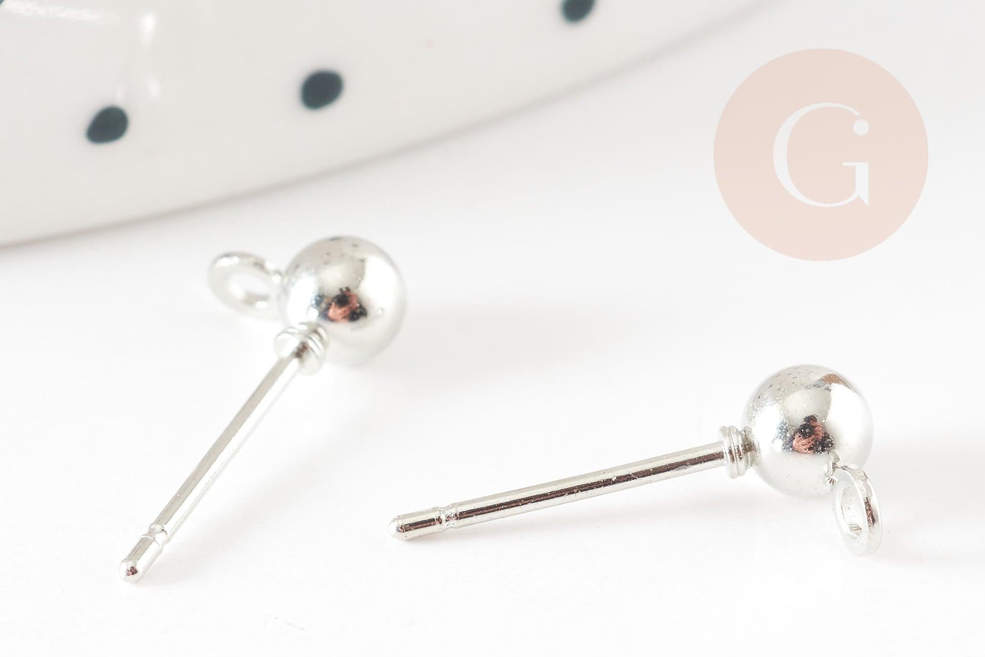 Clous-puces oreille boule acier 304 platine et anneau 5mm, x10 (G9269)