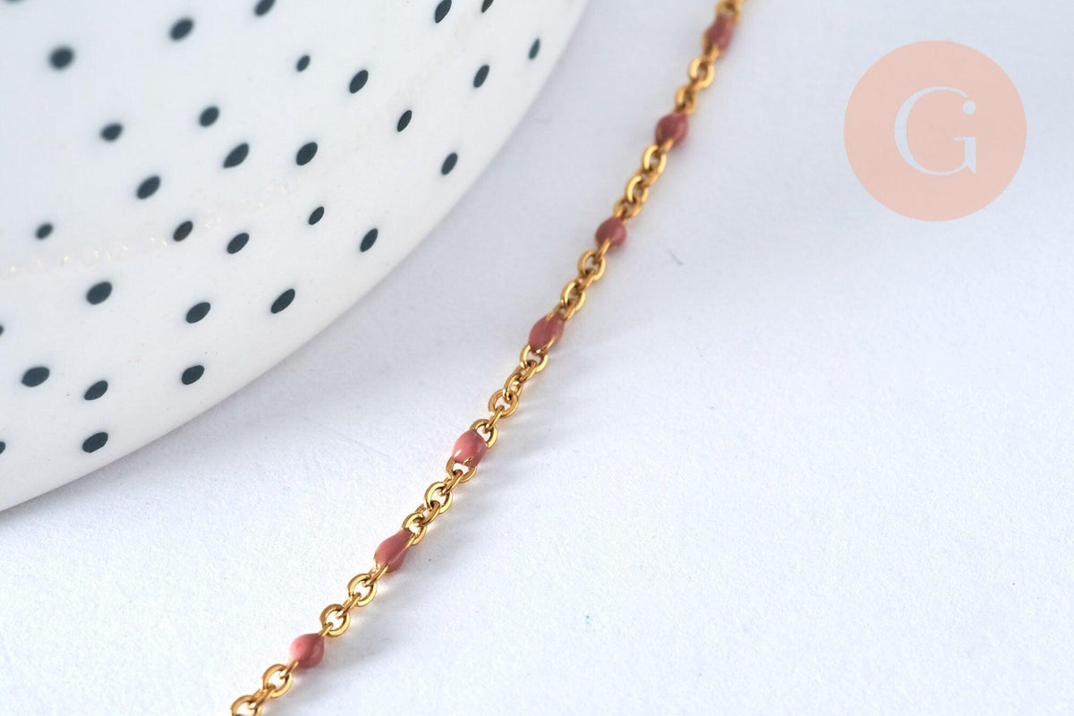 Collier Chaine acier doré 304 inoxydable 14 carats complète résine rose 1.5mm-45.5cm,chaine dorée, x1, G0327