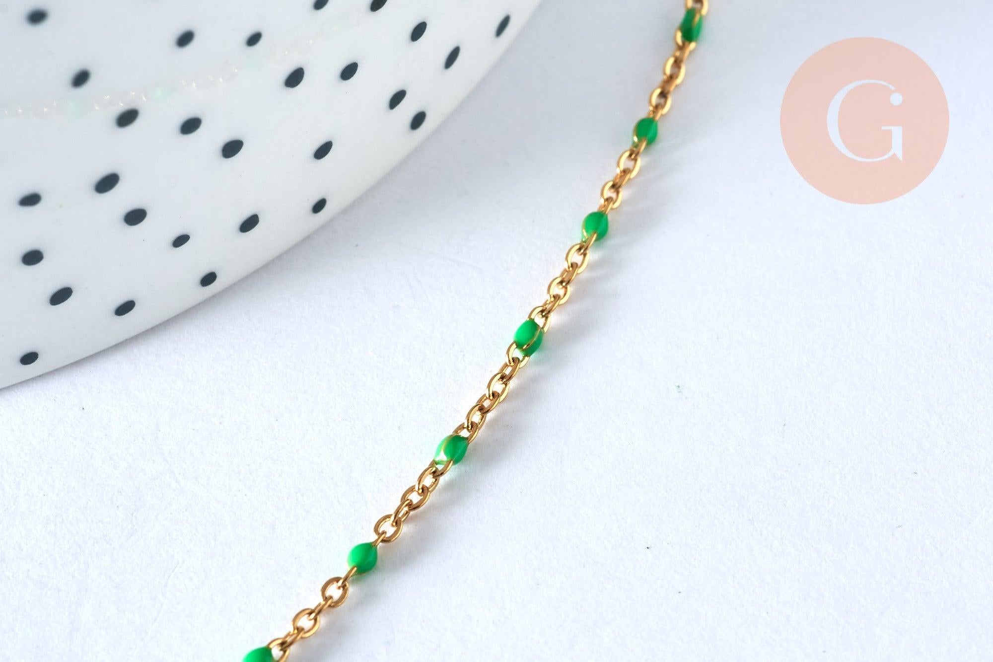 Collier Chaine acier dorée 14k résine colorée vert,chaine collier, fantaisie, chaine complète,2mm, 45cm, x1 G2417