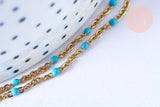 Collier Chaîne fine acier doré inoxydable émail bleu turquoise 43cm, sans nickel, x1 G7113