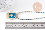 Collier médaille émaillée palmier bleu turquoise zircons cordon tressé zamac doré 45cm x1 (G10364-5)