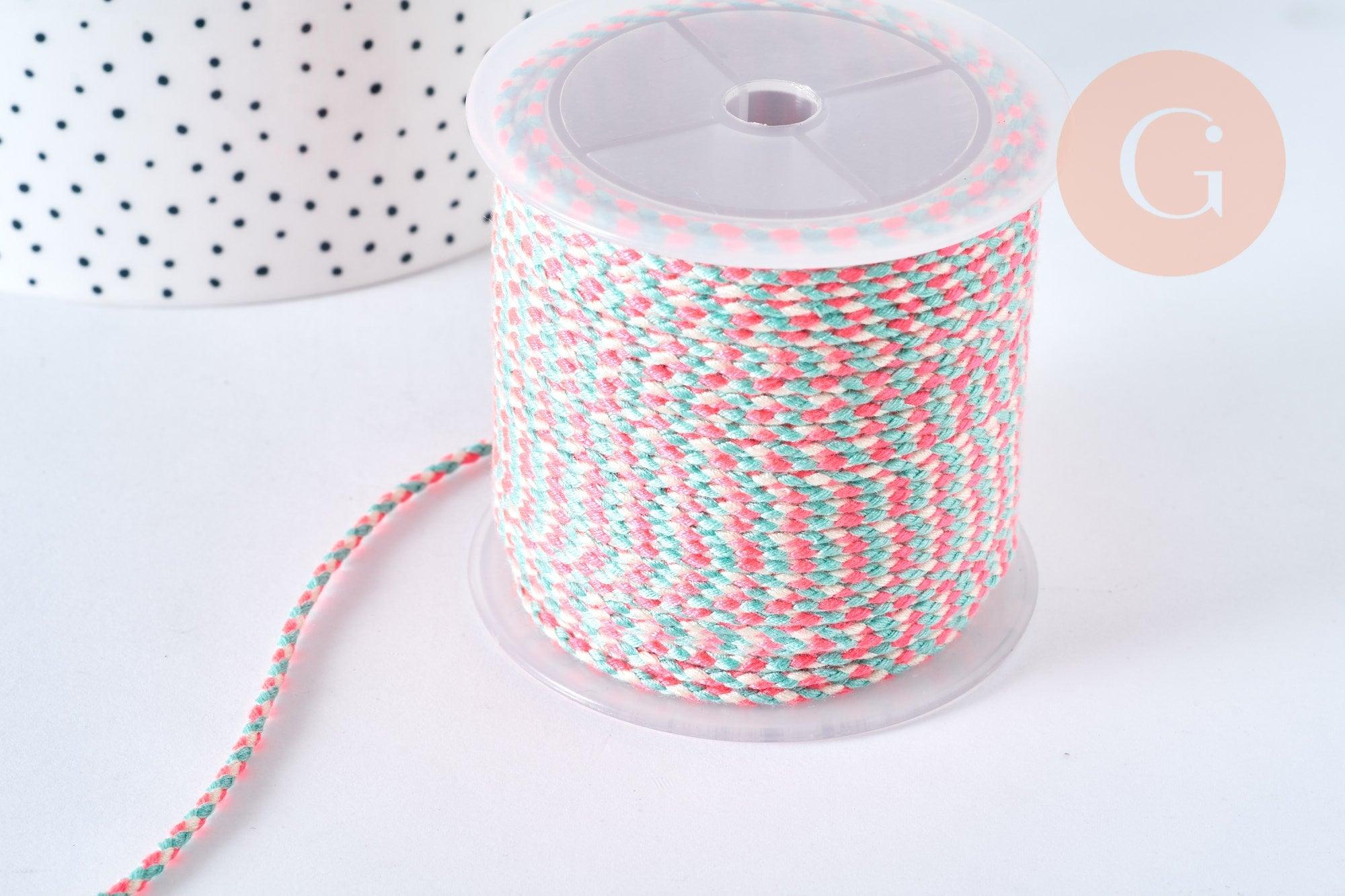 Cordon tressé rose fluo, turquoise et blanc 2mm, cordon pour bijoux,cordon multicolore ,corde décoration, x 1Mètre G6816