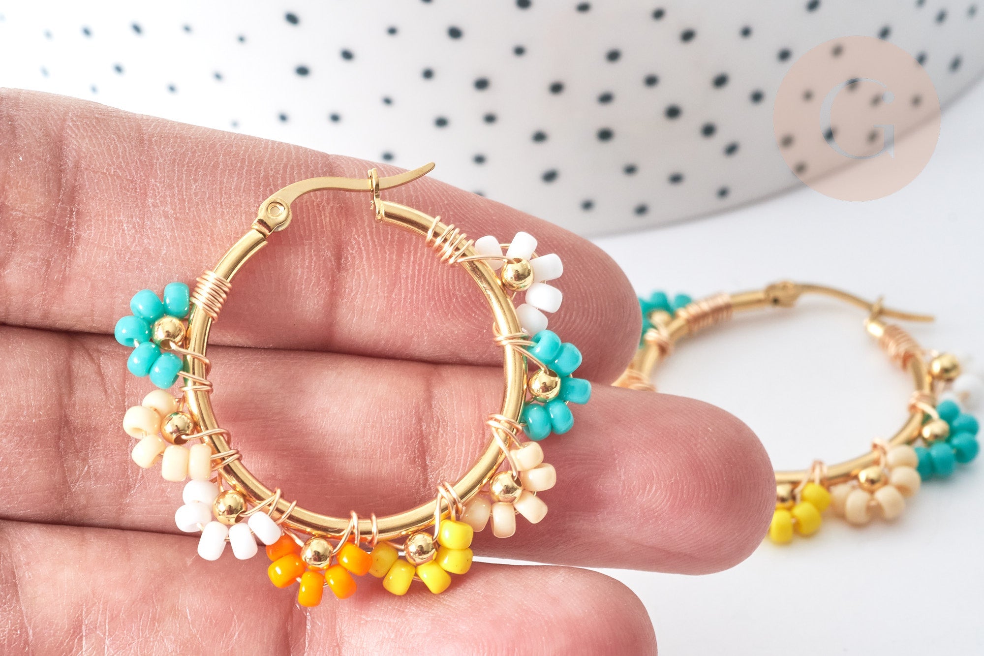 Créoles fleur rocaille multicolore acier 304 doré 40mm, idée cadeau femme, la paire, (G8008)