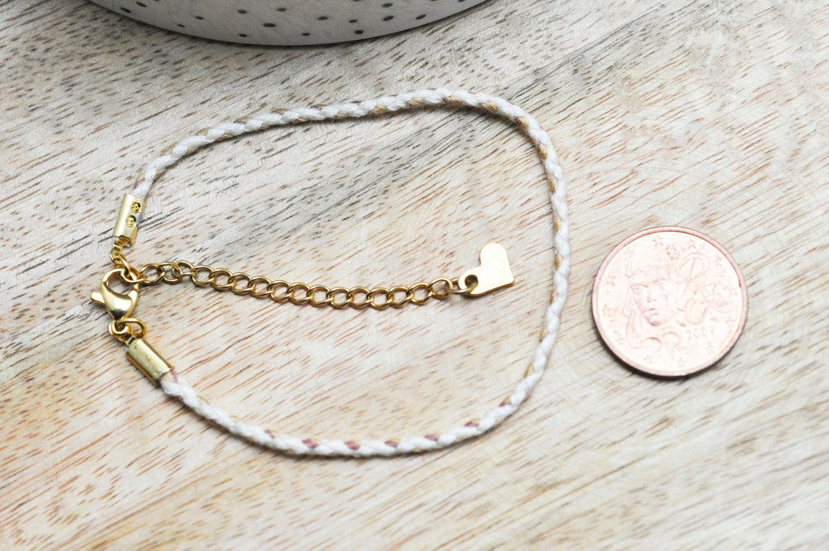EP -Bracelet tressé coton blanc or acier doré 14k / 20.5cm, x1 G6744