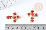 Pendentif croix roses rouge résine zamac doré 18k 37mm, x1 (G8558)