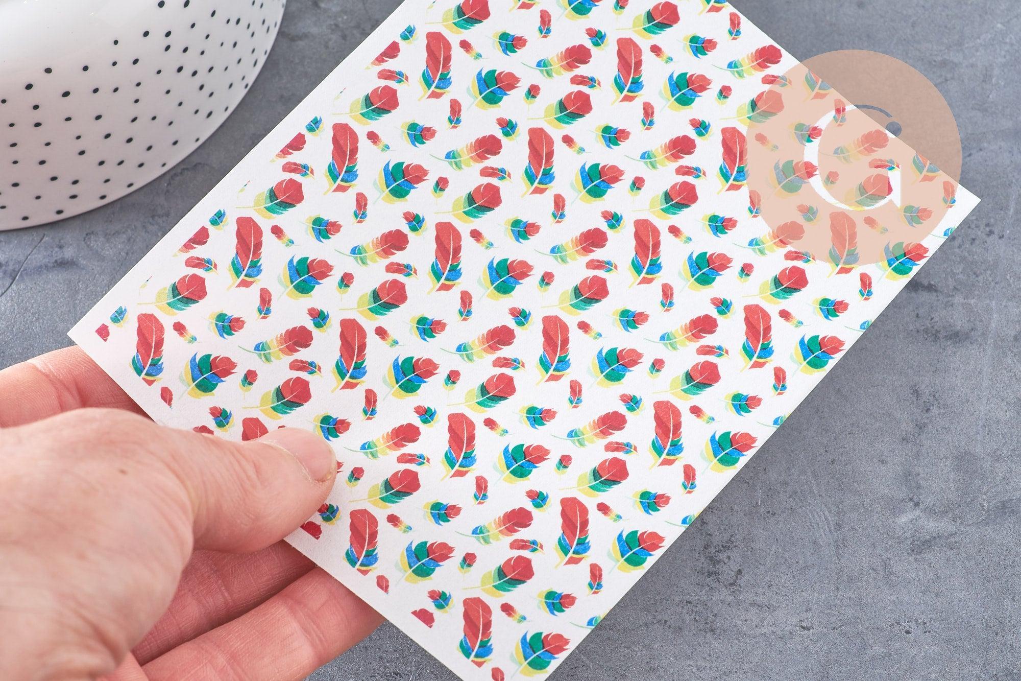 Feuille de transfert polymère – plumes multicolores 14x10 cm, x1 (G10776)