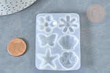 Moule pour fabrication bijoux formes fleurs coquillages résine 67x50x6mm, x1 (G7996)