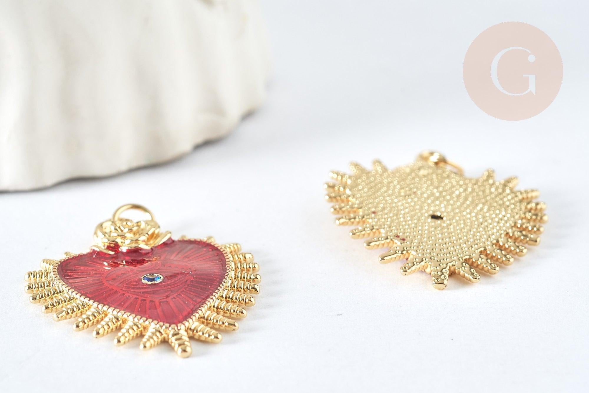 Pendentif Cœur mauvais œil émail rouge foncé laiton doré 30mm, x1 (G8407)