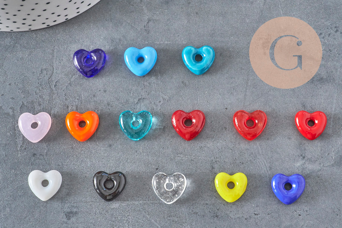 Pendentif Cœur verre artisanal coloré avec trou 14x15mm, x1 (G11039)-Breloques et pendentifs-Gingerlily Perles